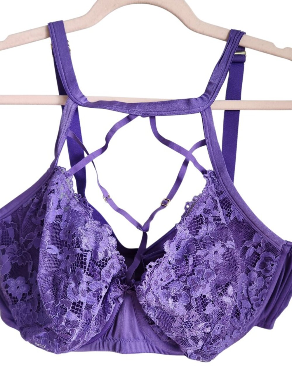 Cacique Bra 44F Purple Lightly Lined French Balconette Underwire Back Close
